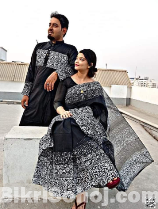 Skin Printed Half Silk Couple Saree Panjabi Set combo